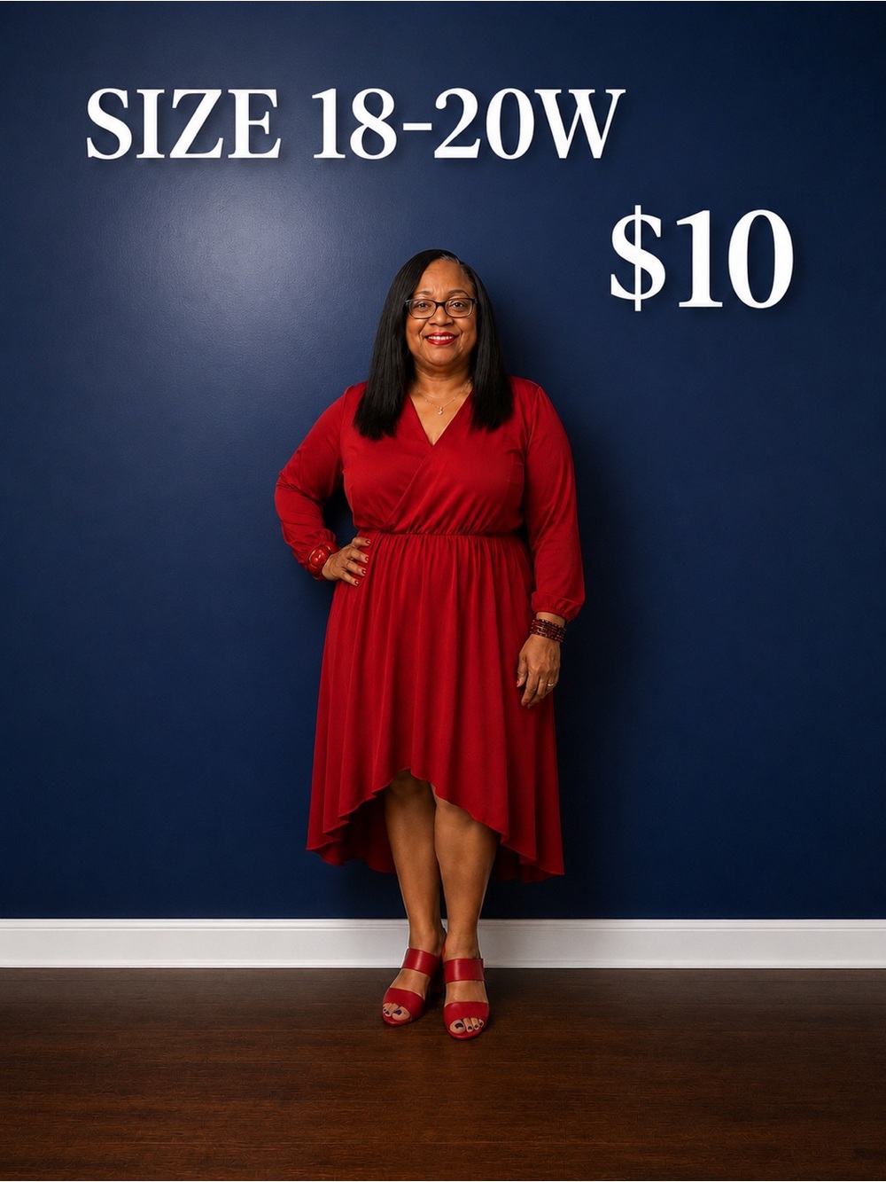 Plus Size Red Wrap Midi Dress - V-Neck Long Sleeve